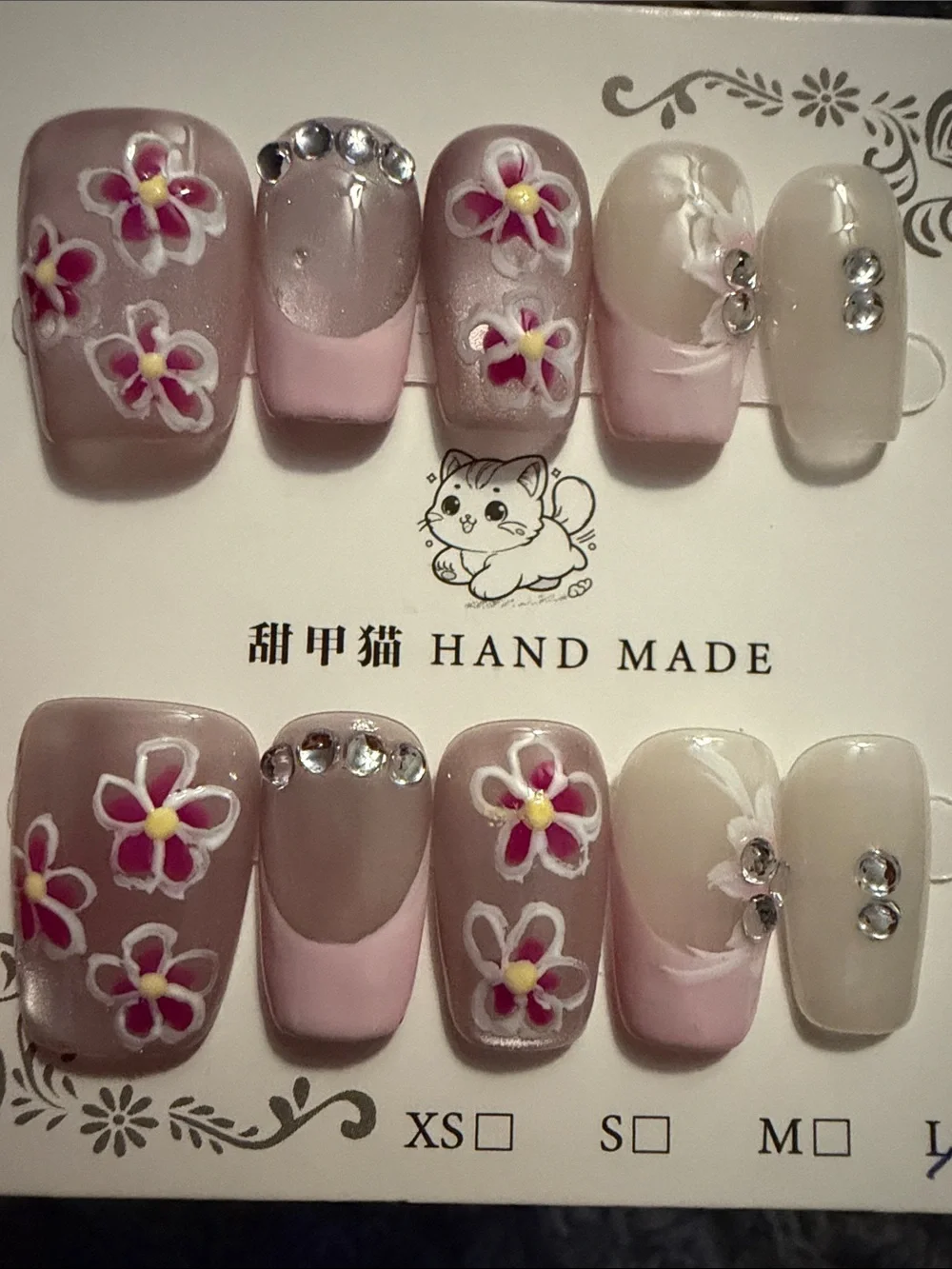 Hand Made Floral Pink & Cream Press-On Nail Set